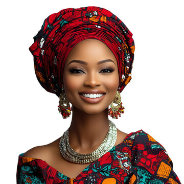 Extremely long shot front view mid-body shot of an extremely beautiful Nigerian woman in an iro and buba smiling isolated on a white transparent background