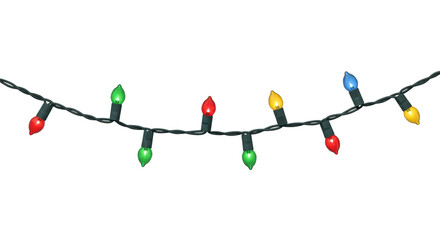 Ultra realistic UHD studio shot of a single, long string of multi-colored red, green, blue, yellow unlit Christmas lights with clear contours and dark wire, on a plain transparent isolated background,
