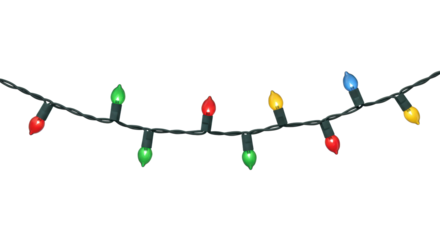 Ultra realistic UHD studio shot of a single, long string of multi-colored red, green, blue, yellow unlit Christmas lights with clear contours and dark wire, on a plain transparent isolated background,