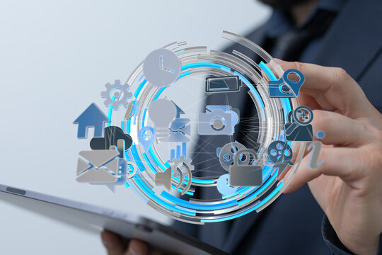 A businessman interacts with a digital interface, showcasing global connectivity and data exchange.