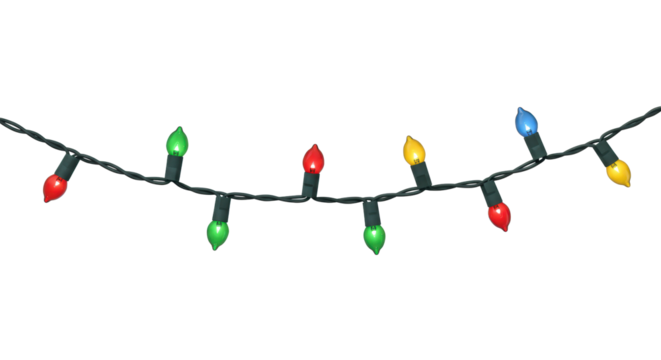 Ultra realistic UHD studio shot of a single, long string of multi-colored red, green, blue, yellow unlit Christmas lights with clear contours and dark wire, on a plain transparent isolated background,
