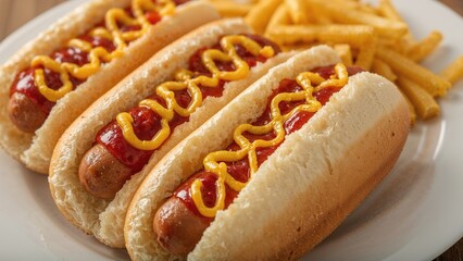 Tasty sausages accompanied by fries and sauces, captured with selective focus