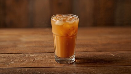 Frosty tea drink blended with milk cream, placed on a wooden surface
