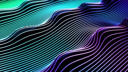 Crest of wave flowing across plane of bright glowing lines. Abstract concept of artificial intelligence, big data analysis or digital sound. Sound wave in virtual space, black background, looped video - Powered by Adobe