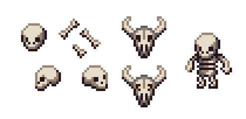 Pixel Bones Set. Skeleton Bones Sprites for Game UI and Assets
