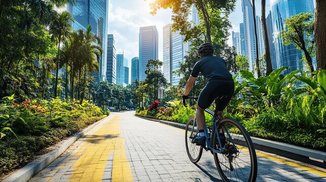 A cyclist commuting in a green city with designated bike lanes and urban greenery.