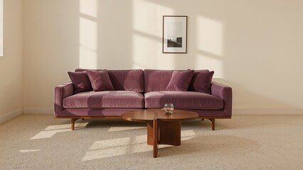 Fototapeta premium Contemporary living space featuring a cozy couch and coffee table