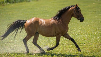 Shot of a horse running energetically in a green open paddock