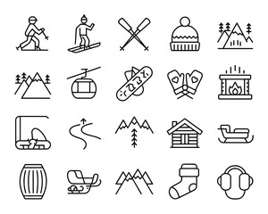 Ski Resort Vector Icon Set – Skiing, Snowboarding, Mountain, Ski Lift, Cabin, Fireplace, Hot Tub, Mittens, Snowmobile, Winter Gear and Slope Icons in Outline Style