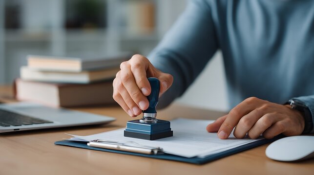 Business professional stamping document with blue stamp on desk