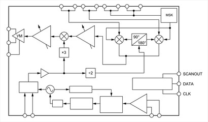 Block scheme, schematic diagram of electronic device 
on white paper sheet. Vector drawing electrical circuit with 
signal generator, operational amplifier, 
logic elements, adder, counter, other.
