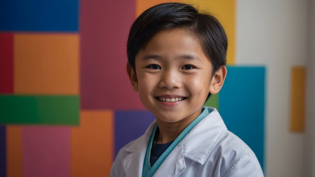 A smiling asian child in a lab coat stands in front of a colorful background. He is happy and excited to be learning.