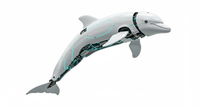 Dauphin robotique futuriste nage gracieusement lumiere nette. AI Generated