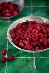 Plate of freshly picked red raspberries on green tile background. Concept of vibrant colors, summer, harvest, healthy organic food.
