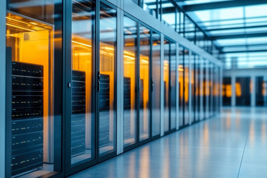 Server racks in server room cloud data center. Exit door. Datacenter hardware cluster