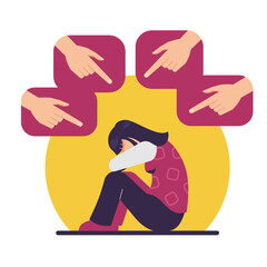 Human fingers pointing at crying girl, flat vector illustration. Social pressure, verbal bullying concept.