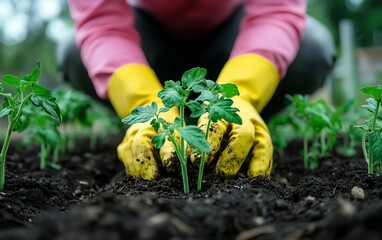 woman gardener in pink outfit and yellow gloves transplanting green tomato seedlings