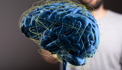 3D rendering of a human brain with complex neural network connections.  Ideal for medical,...
