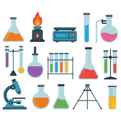 A comprehensive collection of laboratory equipment, glassware, and science icons for chemical and medical research experiments