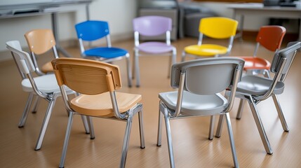 Colorful chairs arranged in a circle for a group discussion in an office