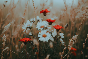 a field of flowers with a sky background
