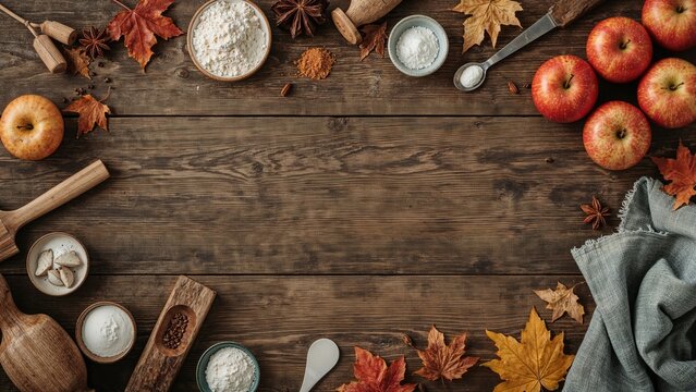 Seasonal baking setup featuring ingredients and kitchen utensils for traditional apple pie preparation on a wooden tabletop with ample copy space