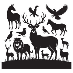 Fototapeta premium A collection of silhouetted animals, including deer, lions, horses, and birds, gathered in a natural landscape