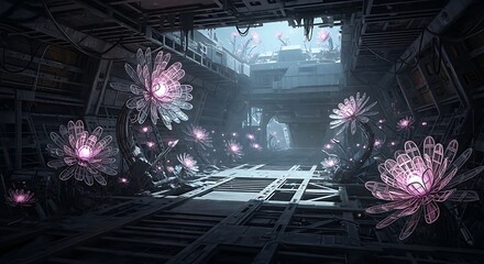Sci-Fi Botanical Garden inside a spaceship Interior with Glowing Flowers and Alien Plants creating