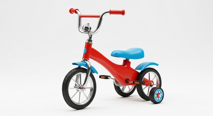 V�lo enfant rouge bleu vif lumi�re douce studio. AI Generated