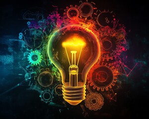 Highresolution illustration of a glowing yellow light bulb surrounded by vibrant multicolored gears and abstract brain shapes