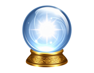 Crystal ball on ornate stand with mist and glowing light, isolated on a transparent background
