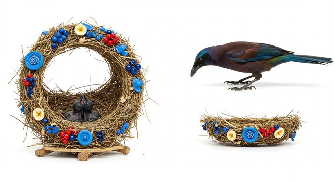 Oiseau noir �l�gant pr�s nid d�coratif rond paille baies bleues rouges. AI Generated
