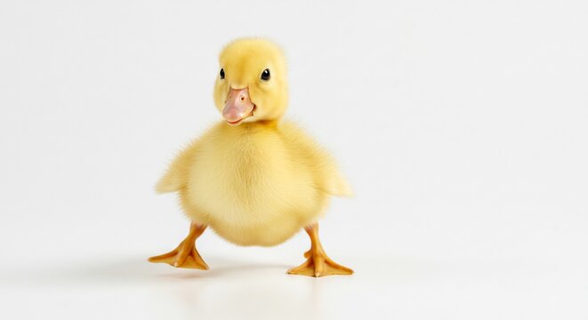 Caneton jaune mignon pose doucement lumiere douce fond blanc. AI Generated