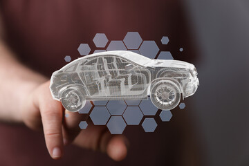 Modern car design, 3D modeling, digital innovation, automotive technology, futuristic vehicle.
