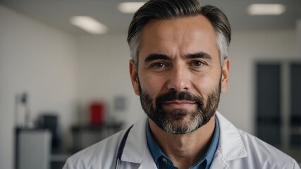 A portrait of a serious doctor with a beard, conveying expertise and dedication in a hospital setting.