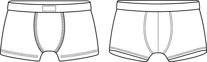 Men's boxer briefs comparison, front view illustration, fashion template, garment sketch, stitching details, clothing design, apparel layout, vector mockup