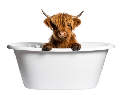 A fluffy baby a classic white vintage bathtub, front-facing with soft expression, tufts of wet fur and curved horns peeking over the rim, gentle lighting, isolated on a transparent background - Powered by Adobe