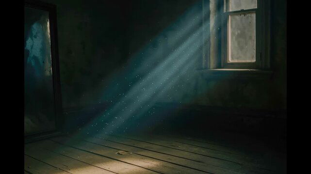 A dusty beam of light cuts through a window onto the wooden floor, casting eerie shadows in an old abandoned room with a mysterious mirror