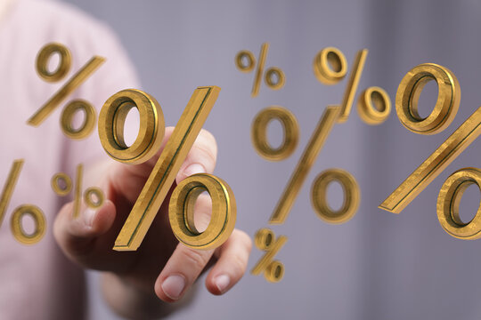 3D render of gold percentage symbols.  Ideal for finance, sales, discount concepts.