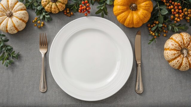 Fall-themed table arrangement featuring an empty plate on a gray linen backdrop with pumpkins and berries, overhead view with space for text. - Powered by Adobe