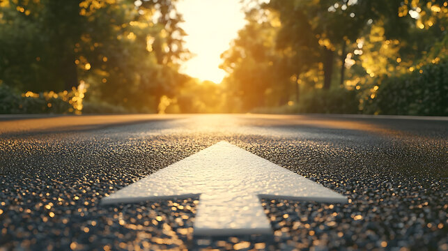 Wet Road With Forward Arrow at Sunrise Reflects Hopeful Journey, Direction, and Progress Through Nature’s Calm Path