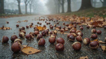 Ripe chestnuts scattered on wet pavement with fallen leaves on a foggy autumn morning in a deserted street setting.