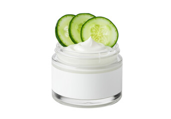 A glass jar of creamy moisturizer is topped with fresh cucumber slices isolated on transparent background