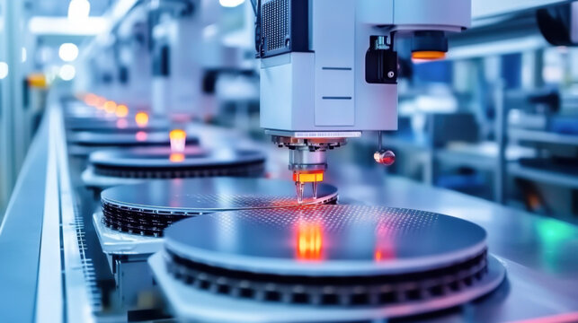 Automated machinery processing silicon wafers in a semiconductor plant