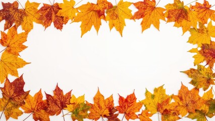 Fototapeta premium Fall foliage arranged as a border on a clean white surface. Top-down perspective with space for marketing messages.