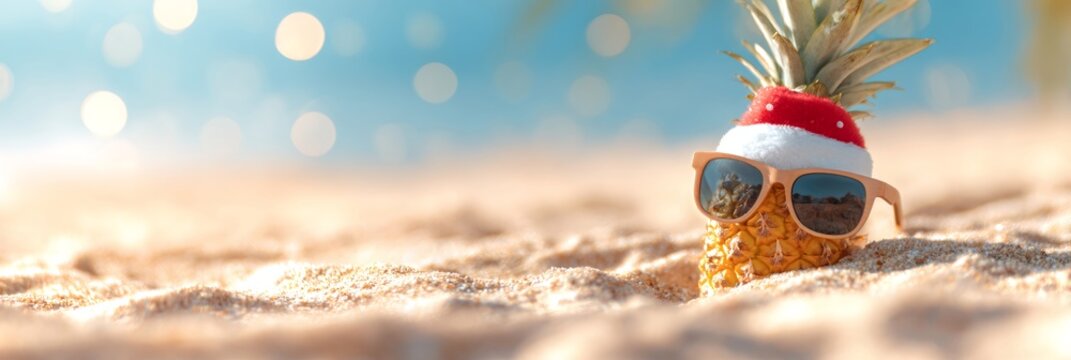 Pineapple in santa hat and sunglasses on sandy beach. Tropical christmas and new year celebration concept for winter holidays. - Powered by Adobe