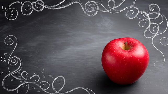 Red apple on a dark surface surrounded by whimsical chalk patterns
