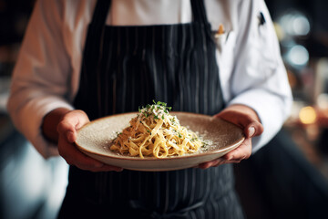 Artisan Pasta Chef Holding Truffle Tagliatelle