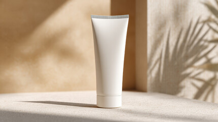 Clean cream tube resting on surface radiates purity and freshness, enhanced by soft shadows and sunlit background