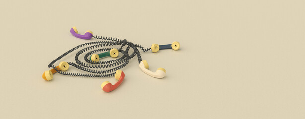 Retro colorful telephone handsets with tangled black cords on beige background with copy space, highlighting vintage communication design and concept of connection complexity.